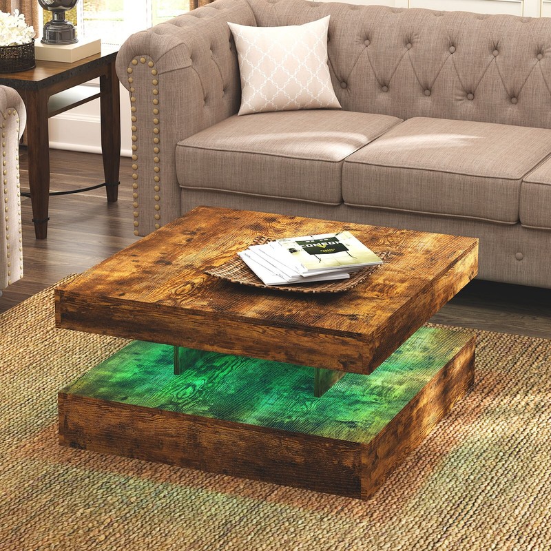 Square Coffee Table with LED Wood Low Coffee Table for