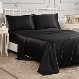 Juliette LeBlanc New York Silky Satin Sheet Set - Luxury Black Bedding - Smooth Satin Sheets - Twin Size