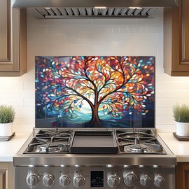 Tempered Glass Backsplash For Kitchen Behind Stove,Watercolor Tree of Life,Stove Backsplash Top Cover,Easy to Clean Glass Splashback, Sink Cover Splash Guard,Home Kitchen Wall Decor (30"x18"(76.2x45.72cm))