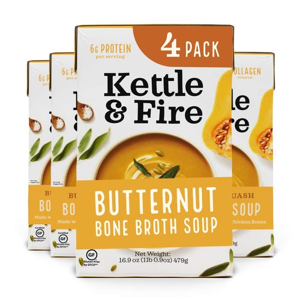 Butternut Squash Chicken Bone Broth Soup by Kettle and Fire, Pack of 4, Gluten Free Collagen Soup on the Go, Paleo, 9 g of protein, 16.9 fl oz