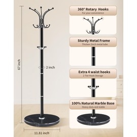 ZIECUKU Metal Coat Rack with Natural Marble Base,360°Rotary Coat Rack Stand with 14 Hooks,Modern Freestanging Coat Racks for Entryway,Office,Black Coat Jacket Hanger Tree Stand for Coats, Scarves