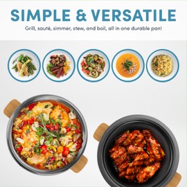 Aroma Housewares AMC-130 Whatever Pot, Indoor Grill, Cooking, Hot Pot with Glass Lid, Bamboo Handles, 2.5L, Stainless Steel/White