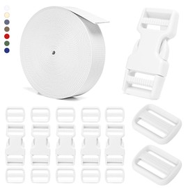 BEYOURD Buckle and Strap Set, 10 Yards Polyester Webbing Strap with 6 Dual Adjustable Side Release Plastic Buckles, 12 Pieces Tri-Glide Slider Clips for Custom Projects (Everyday Series 1 Inch, White)