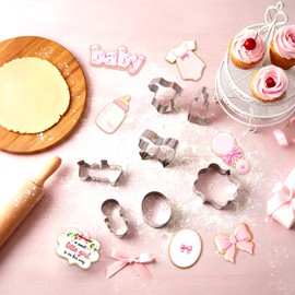 CORNER LACE 8 Pieces Bow Knot Baby Shower Cookie Cutters Set - Stainless Steel Cookie Biscuit Cutting Molds for Rattle Bottle Onesie Baby Shower Party DIY Craft Home Baking Supplies