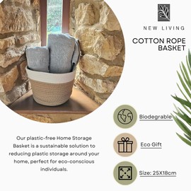 Home Storage Basket | Eco Cotton Rope Woven Material | Medium Size 25x18cm Organiser Basket | Hanging Kitchen Basket | Clothes & Shoe Basket | Toy Storage (1)