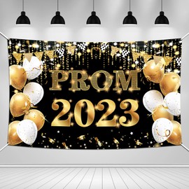 HOWAF Prom 2023 Backdrop Banner for Graduation Prom Party Decorations, Class of 2023 Congrats Grad Photograph Background Banner, Black Gold Graduation Party Banner for School Class Supplies