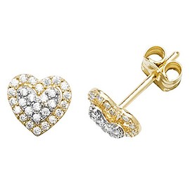 Pretty 9ct Gold Ladies Heart Stud Earrings with Cubic Zirconia/CZ - 6mm*7mm WJS27220
