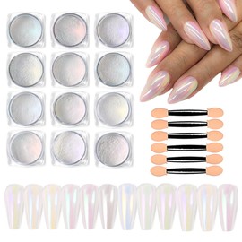 Chrome Nail Powder Nail Art Glitter Decoration White Pearl Mermaid Iridescent Chrome Powder Metallic Mirror Effect Aurora Holographic Nail Powder Pearlescent Pigment Powder Kit for Nail DIY 12 Jars
