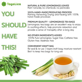 Tagalica, Premium 30 Lemongrass Tea Bags, 100% Natural & Pure Lemongrass leaves, Eco-Conscious Tea Bags, Lemongrass Herbal Tea. Lemongrass Leaf Tea. No Sugar, No Caffeine, No Gluten, Vegan.