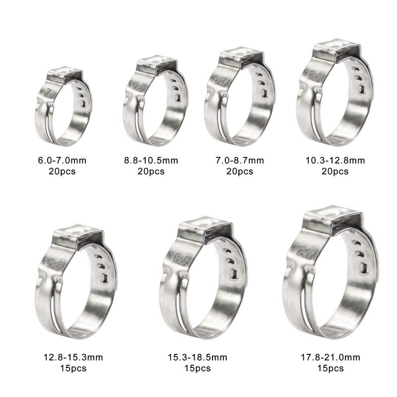 125PCS Single Ear Hose Clamps 7-21mm Sizes 304 Stainless Steel
