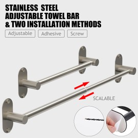 Towel Bar, Adjustable 14.4inch - 25.2inch Towel Rack, Self Adhesive & Wall Mounted for Bathroom Kitchen Hand Towel Holder Cloths Hanger SUS 304 Stainless Steel Organizer Single Bar (1, Brushed Nickel)