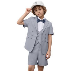 Boy Suits Kids Tuxedo Grey Short Suit for Boy Wedding Ring Bearer Outfit Jacket Vest Pants Suspenders Shirt with Tie Size 8
