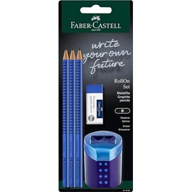 FABER-CASTELL Grip 2001 217083 Pencil Set with Eraser, RollOn Pencil Case and 3 Pencils, Writing Set Blue