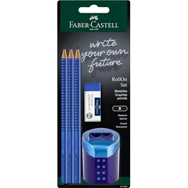 FABER-CASTELL Grip 2001 217083 Pencil Set with Eraser, RollOn Pencil Case and 3 Pencils, Writing Set Blue