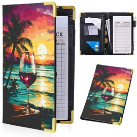 Graffitic Seascape Server Books for Waitress -Red Wine Cup PU Leather Waiter Book Server Wallet with Zipper Pocket,Summer Waitress Book&Waitstaff Organizer with Money Pocket Fit Server Apron (Red)