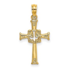 JewelryWeb 13mm 10k Solid Yellow Gold Polished and Engraved Religious Faith Cross And Dove Charm Pendant Necklace for Women