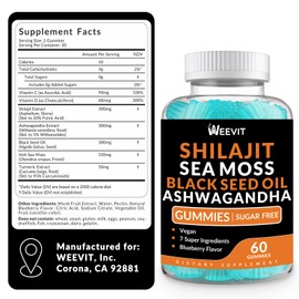 Shilajit Sea Moss Ashwagandha Gummies with Turmeric, Black Seed Oil, Vitamin C D for Men & Women, Shilajit and Ashwagandha Gummy, All in 1 Supplements for Immune, Absorption & Energy Support