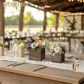 NUPTIO Wooden Box for Centerpiece Wedding: 6 Pcs Rustic Square Planter Box for Christmas Centerpiece Table Decorations - 4×4" & 5×5" Small Wood Vases Flower Pots for Windowsill Home Garden Decor