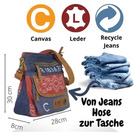 Sunsa Women's Shoulder Bag. Sustainable Handbag Made of Recycled Jeans Canvas & Leather Crossover Bag in Vintage Style. Blue/Red Women's Bag. Gift Idea for Women, jeans colour, Retro