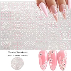 Flower Nail Art Stickers 3D Self Adhesive Pink White Nail Designs Nail Decals 3D Self Adhesive Nail Stickers Nail Art Supplies Pink Flower White Flower Nail Stickers for Nail Decorations Manicure Tips 30 Sheets