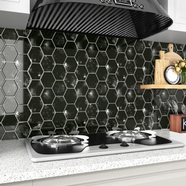 Wallercity Black Subway Tile Hexagon Peel and Stick Backsplash Tiles Marble Back Splash Stick on Tiles for Kitchen 10-Sheets Wall Tiles Stickers Backsplash for Bathroom Vinyl Wall Panels 12''x12''