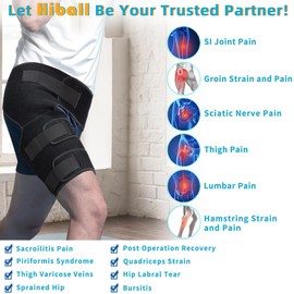 Hiball Adjustable Hip Brace, Groin & Hamstring Compression Wrap for Men Women, Thigh Compression Sleeve With 6 Pressure Straps, Buttock & Quad Support, Upper Leg Brace for Sciatic Nerve Pain, Bursitis