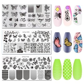 LoveOurHome Nail Stamping Plate Kit Flower Butterfly Lace Animal Fingernails Template Stencil Stamps Plate Silicone Stamper Scraper Manicure Design Tools Set (Butterfly)
