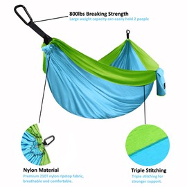 Gold Armour Hamaca de camping – Hamaca doble XL portátil hamaca accesorios de camping equipo para interiores y exteriores con correas de árbol, marca con sede en Estados Unidos (azul cielo y verde lima)