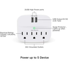 PEAKTREND 3-Outlet Surge Protector Multi Plug Outlet Extender with 2 USB Wall Charger, Small Outlet Adapter Plug Extender for Travel - White