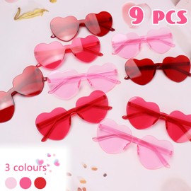 9 Pairs Heart Sunglasses for Women Men, Pink Red Rimless Heart Shaped Sunglasses Heart Glasses Party Glasses