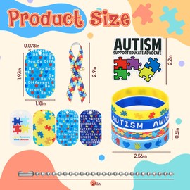 Rotatingpals 114 Pcs Autism Awareness Dog Tags Set Colorful Puzzle Pieces Motivational Autism Accessories with Acrylic Dog Tags, Rubber Bracelet, Ribbons Pins, Chain, Stickers for Charity Fundraising