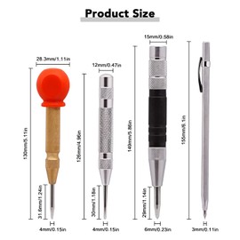 Tlimus 4 Pack 5 Inch and 6 Inch Automatic Center Punch Set, Adjustable Spring Loaded Center Punch and Metal Engraving Pen for Metal Wood Working with Tool Storage Bag