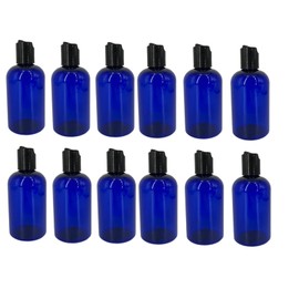 Natural Farms 4 oz Blue Boston Plastic Bottles -12 Pack Empty Bottle Refillable - BPA Free - Essential Oils - Aromatherapy | Black Press Down Disc Cap - Made in the USA