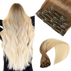 VINBAO Clip in Hair Extensions Ombre Blonde Clip in Human Hair Extensions #8 Light Brown Fading to #60 Platinum Blonde Balayage Hair Extension Double Weft 22 inch 120g 6pcs (#8/60, 22)