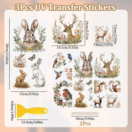 WANDIC 3Pcs Rabbit Deer Rub on Transfer Stickers Waterproof UV Transfer Decals Vintage Bird Stickers for Crafts Furniture DIY Crafts Decoration,15 * 30cm