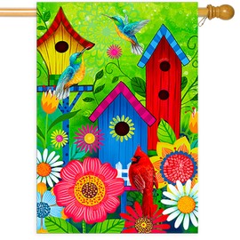 Welcome Spring Summer Bird Outdoor Vertical Double Sided Garden Flag 28X40, Cardinal Bird House Double Sew Floral Flag, Courtyard Outdoor Lawn Farmhouse Decoration