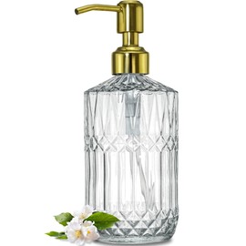 JASAI 18Oz Dazzling Clear Glass Soap Dispenser with Golden Pump for Bathroom, Refillable Kitchen soap Dispenser for Dish Soap, Bathroom Soap Dispenser for Hand Soap, Lotion.(Golden)