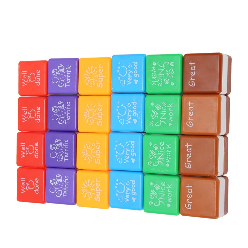 24PCS Teacher Stamps Reusable English Homework Encouraging Grading Stamp for