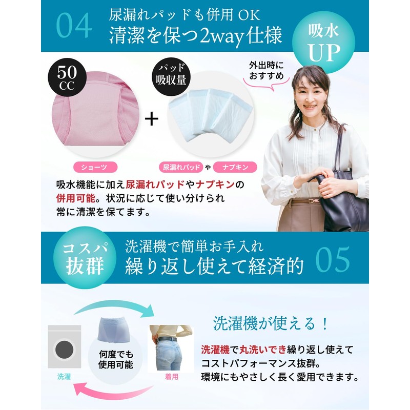 [With Girdle Function] 50cc Incontinence Panties, 99% Deodorizing, Water Absorption,