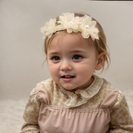 Rannyrena Baby Girls Lace Headband Handmade Flower Hair Band Infants Head Wrap Soft Elastic Pearl Floral Hairband for Newborn Toddler Kids Hair Accessories (Pink B, Adjustable)