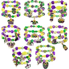 Landical 24 Pcs Mardi Gras Bracelets for Women Beaded Stretch Bracelet Glitter Mask Crown Iris Bracelets Purple Green Gold Beaded Bracelet Set for Mardi Gras Accessory Carnival Parade Outfits