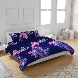 JQWUPUP Butterfly Single Duvet Cover Set, Pink Blue Bedding for Girls, Cute Duvet Covet with 2 Pillow Cases