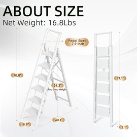 GameGem Step Ladder 6 Step Folding, Aluminum Ladders for High Ceilings, Tall Closet, Cabinet, 6 ft Lightweight Step Ladder with Anti-Slip Foot for Home Use, 330Lbs Load, White