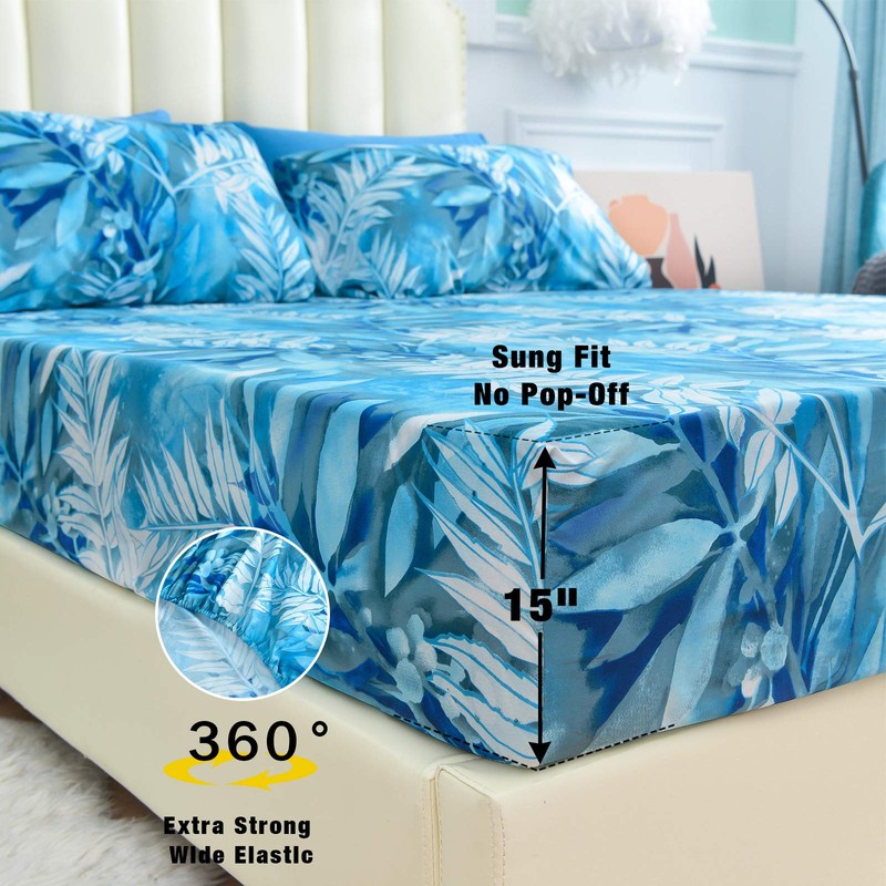 JSD Blue Tropical Leaves Print Sheet Set Queen Size, 6