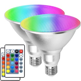 Multicolor LED Par38 Flood Light Bulb Outdoor Waterproof, 1800LM, 30W=90W, RGB + Warm White 3000K, 2 Pack Color Changing Floodlight Dimmable with Remote, Indoor Lamp E26 Base for Party Decoration
