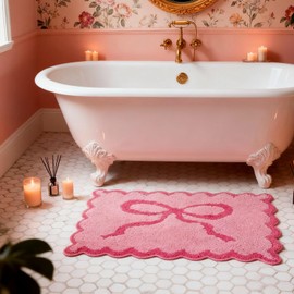 ORTIGIA Cute Pink Bow Scalloped Bath Mat, Fun Plush Microfiber Scallop Bathroom Rugs Non Slip Washable Quick Dry Absorbent, Bath Rug Carpet for Shower Stall Vanities Kitchen Floor Entrance, 20x32