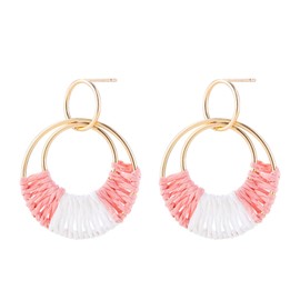 Handmade Raffia Earrings for Women Girls Lightweight Statement Geometric Round Drop Earrings Handmade Straw Wicker Rattan Dangle Earrings Boho Summer Beach Earrings (Pink White)