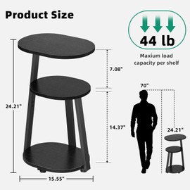 Kalrin Side Table, Small End Table with Metal Frame, 3-Tier Bedside Table, Round Side Table for Living Room Bedroom Couch Bathroom, Oval, Pure Black