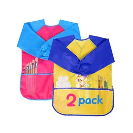 XCOZU 2 Pack Kids Aprons for Painting, Children's Artist Painting Smocks with Long Sleeve & 3 Convenient Pockets, Kids Art Smock Childrens Kids Toddler Waterproof Play Apron for Daily Activities