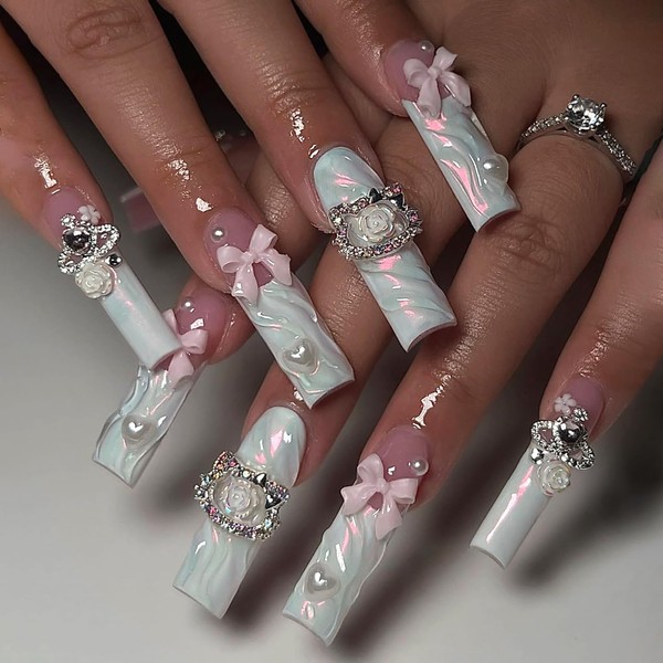 CUZIAM Square Press on Nails Extra Long, 3D Flower Bow